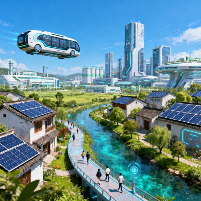 科幻与现实融合风格，家乡未来城市景观，传统民居与现代化高楼错落共生，空中悬浮着环保通勤车，光伏板覆盖屋顶，河流清澈见底，岸边绿树成荫，人们在智能步道上散步，远处是生态科技园，天空湛蓝，画面科技感与自然预览效果