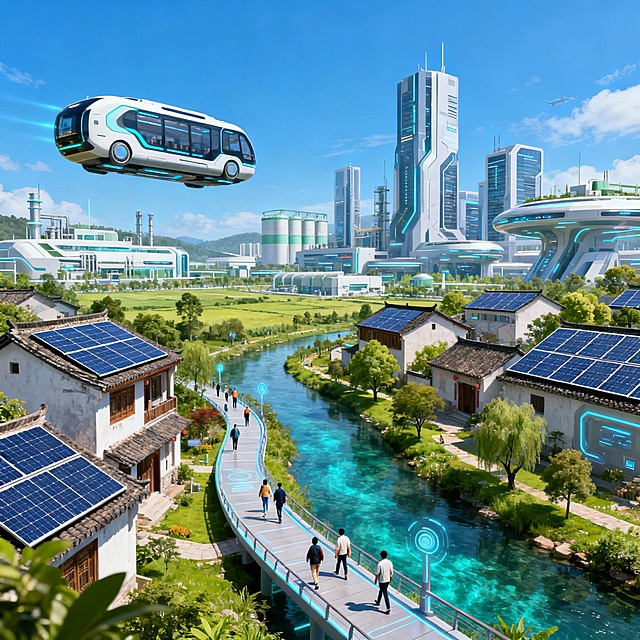 科幻与现实融合风格，家乡未来城市景观，传统民居与现代化高楼错落共生，空中悬浮着环保通勤车，光伏板覆盖屋顶，河流清澈见底，岸边绿树成荫，人们在智能步道上散步，远处是生态科技园，天空湛蓝，画面科技感与自然感并存，色彩明快充满活力，构图开阔大气