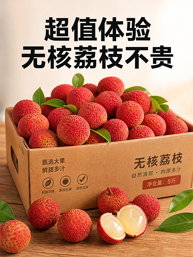 [主图] 超值体验无核荔枝不贵卖点。[氛围风格] 超值性价比，物超所值。[画质] 商业营销摄影，高清清晰。[元素] 整箱无核荔枝打开，倒出几颗在桌面，一颗切开展示无核，保持荔枝颜色纹理和参考图一致，产品真实不变形。主体占画面约65%。[光影] 室内柔光，清晰展示性价比。[配色] 红荔枝棕色包装箱，自然真实配色。[文字版式] 顶部大字写"超值体验
无核荔枝不贵"，黑色粗体，醒目清晰。[比例分辨率] 3:4，4K分辨率，文字清晰，超高清。[负向提示词] 变形，水印，文字模糊，绝对化违禁词。