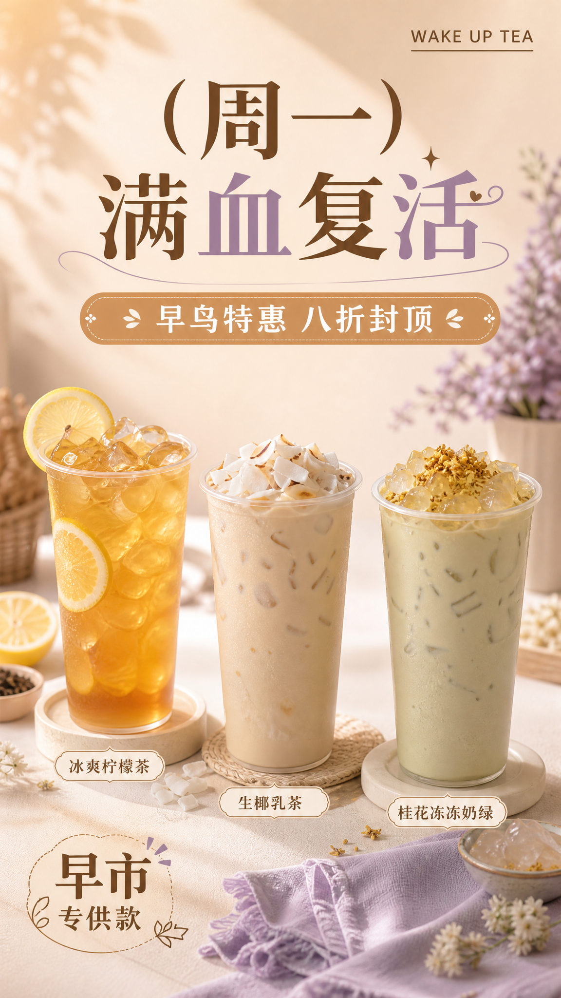 将海报中的咖啡饮品全部替换为奶茶饮品，整体色调改为奶茶暖色系（… - 图片创意预览