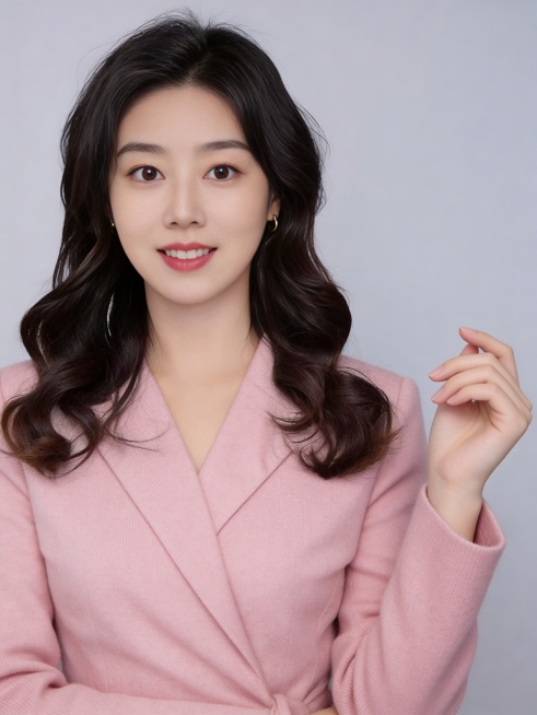 参考图中保留人物脸型、发型、年龄等特征生成职场形象照，保持人物不变，更换为樱花粉精纺羊毛混纺西装外套，西裤同色，更换全新不同手势和姿势，调整手指位置，保留耳环，简约微微暖调浅灰色纯色背景，画质超高分辨预览效果