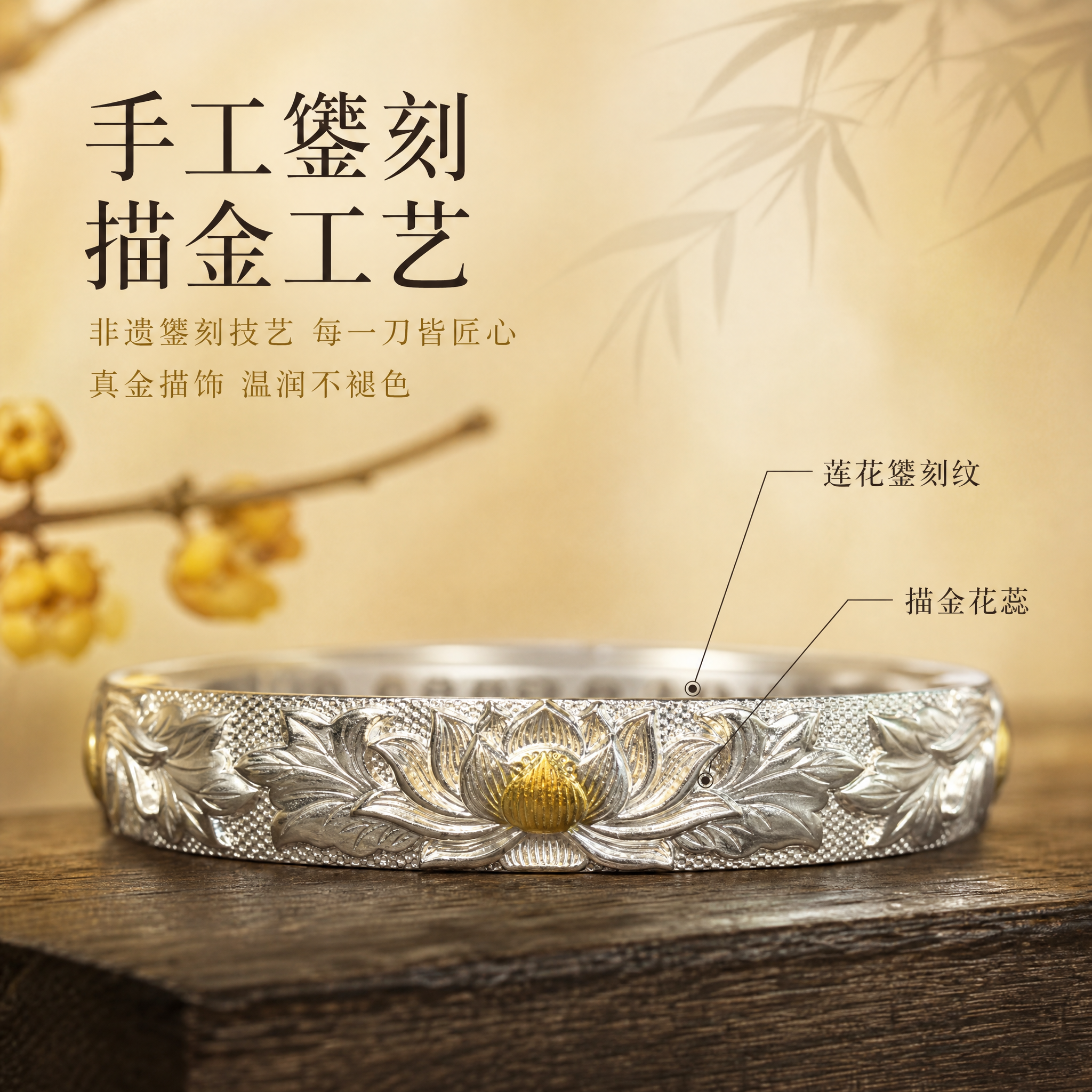 [主图-2] 核心工艺卖点图，展示手工錾刻莲花纹与描金工艺细节… - 图片创意预览