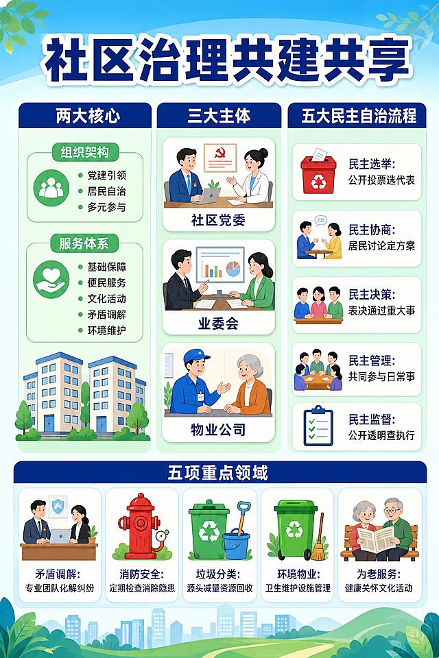 参考原图的版式骨架和信息结构，重新设计一张A4竖版社区治理共建共享宣传海报，扁平插画风格，清新蓝绿渐变配色，政务社区宣传风。画面分为四大板块：

1. 顶部主标题区：大字号粗体标题"社区治理共建共享"，深蓝色字体，白色描边，居中醒目。

2. 上半部分三栏布局（从左到右）：
- 左栏"两大核心"：深蓝色标题栏，下方浅绿色圆角卡片，内含两个子模块——"组织架构"（内容：党建引领、居民自治、多元参与）和"服务体系"（内容：基础保障、便民服务、文化活动、矛盾调解、环境维护），底部配两栋社区楼房插画。
- 中栏"三大主体"：深蓝色标题栏，下方浅绿色背景，三个白色圆角卡片纵向排列，分别配插画——"社区党委"（两人办公讨论场景）、"业委会"（两人看报表讨论场景）、"物业公司"（工作人员与老人交谈场景）。
- 右栏"五大民主自治流程"：深蓝色标题栏，下方浅绿色背景，五个带图标的条目纵向排列——民主选举:公开投票选代表（回收箱图标）、民主协商:居民讨论定方案（两人协商图标）、民主决策:表决通过重大事（三人表决图标）、民主管理:共同参与日常事（众人议事图标）、民主监督:公开透明查执行（清单检查表图标）。

3. 底部通栏"五项重点领域"：深蓝色标题栏，下方五个白色圆角卡片横向排列，各配对应插画图标——矛盾调解:专业团队化解纠纷（办公场景）、消防安全:定期检查消除隐患（消防栓）、垃圾分类:源头减量资源回收（垃圾桶铲子）、环境物业:卫生维护设施管理（绿色垃圾桶）、为老服务:健康关怀文化活动（老人看报）。

整体风格：扁平卡通插画，圆角卡片设计，蓝绿主色调，白色卡片配深色文字，信息层级分明，四周留安全边距，版式精美，2:3竖版比例。

画面中所有信息区域必须填充完整合理的内容，不得出现空白框、空白占位。画面中所有数字必须精确渲染，不得错位、遗漏或编造。