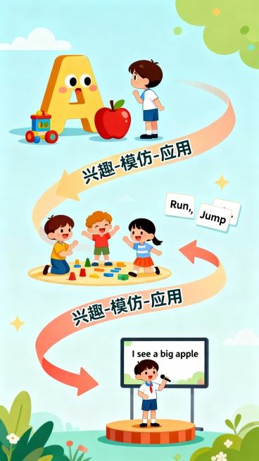 一张分为三个连贯部分的海报设计。第一部分（启蒙）：一个孩子好奇地看着一个巨大的卡通字母“A”和一只苹果玩具。第二部分（建构）：同一个孩子和伙伴们开心地玩着角色扮演游戏，背景有简单的单词卡片如“Run,预览效果