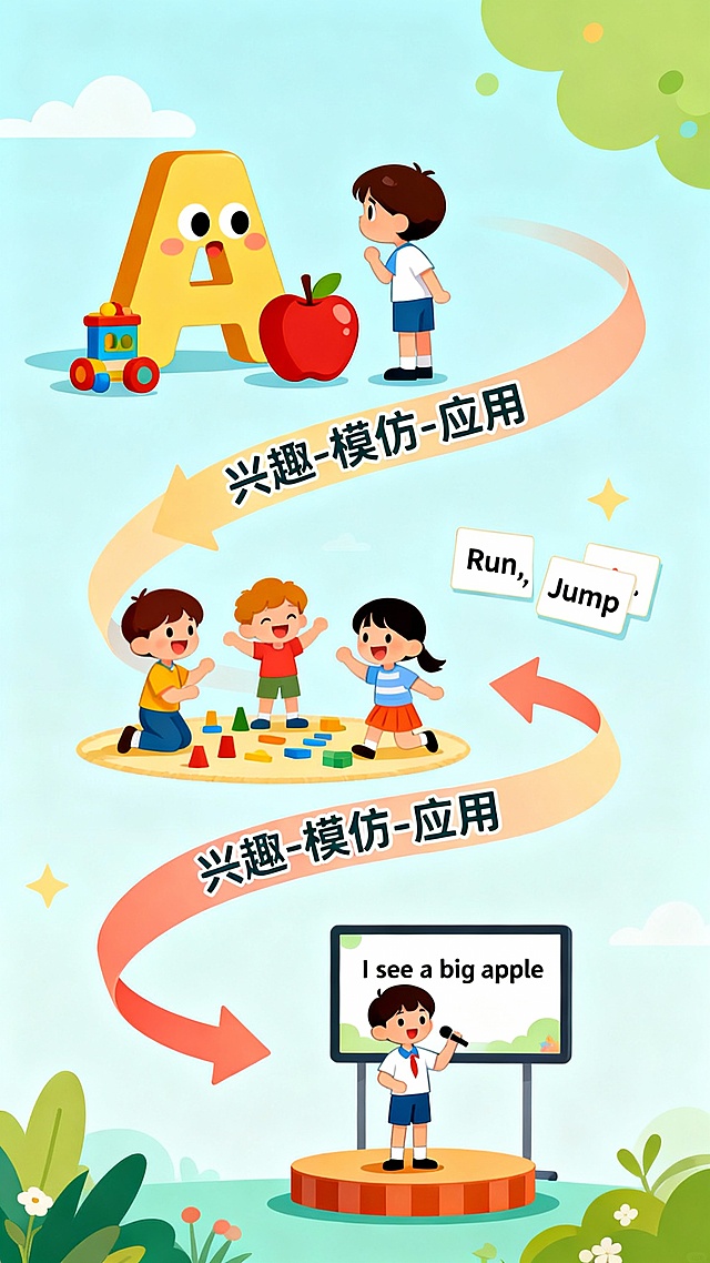 一张分为三个连贯部分的海报设计。第一部分（启蒙）：一个孩子好奇地看着一个巨大的卡通字母“A”和一只苹果玩具。第二部分（建构）：同一个孩子和伙伴们开心地玩着角色扮演游戏，背景有简单的单词卡片如“Run, Jump”。第三部分（收获）：孩子自信地站在小型舞台上演说，背后屏幕显示着完整的句子“I see a big apple”。三个场景由一条蜿蜒的“成长路径”箭头连接，路径上标有“兴趣-模仿-应用”的阶段性文字。风格为明亮活泼的扁平矢量插画。