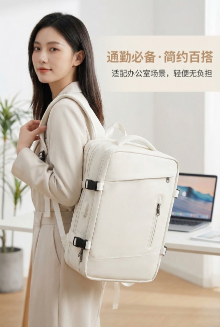 中文提示词：2:3竖版，年轻女性模特（22-28岁，浅色系通勤装，妆容淡雅）背负途界9169款背包，在办公室场景（简约办公桌、绿植、笔记本电脑背景，虚化处理）自然站立，背包为白色+浅米色配色，正面LO预览效果