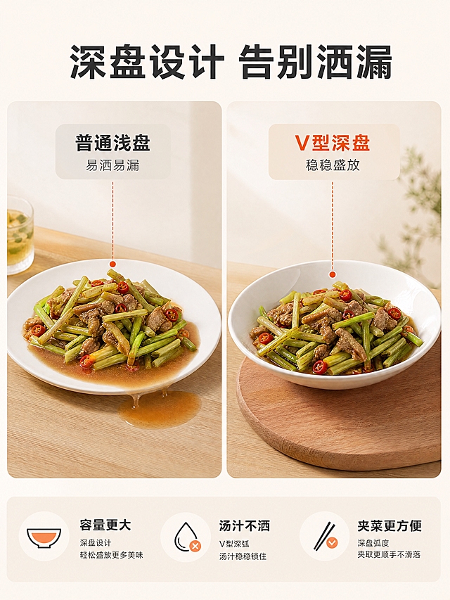 [商品] 使用【图1】白色陶瓷V型月光平盘；保留圆形轮廓、V型深盘结构、纯白色陶瓷材质；对比页中左侧普通浅盘为参照，右侧为本产品真实还原。
[画面] 目标：痛点对比，展示V型深盘相对普通浅盘的优势。构图：左右分栏对比，左栏普通浅盘盛菜汤汁溢出场景，右栏V型深盘稳稳盛放同份量菜肴；产品各占画面40%；景别：中景；阅读动线：顶部大标题→左右对比→底部结论条。
[视觉] 套系策略：风格=真实生活感商业摄影；标题字=现代黑体粗体；正文字=简洁无衬线黑体；主色=奶白+原木棕；背景延展=基于奶白色做深浅层级、同色渐变和细腻哑光质感；强调色=暖橘色，仅用于小面积图标、引线和标签；标题色=深炭灰；正文色=中暖灰；组件=圆角浅底信息卡、细线引线；光影=左侧柔和自然光侧光，突出陶瓷质感。
[文字] 顶部主标题「深盘设计 告别洒漏」，左栏标注「普通浅盘 易洒易漏」，右栏标注「V型深盘 稳稳盛放」；底部3个对比卖点：容量更大/汤汁不洒/夹菜更方便；文字均为横排。
[规格] 图片比例3:4竖版，8K超高清，细节锐利；避免变形、错字、夸张失真、冷蓝背景、产品结构改变。