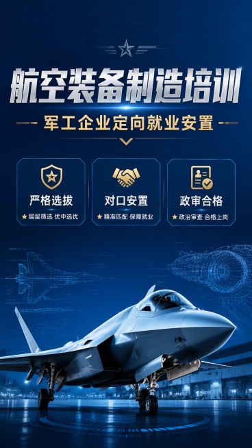 专业硬核商务风格招生海报，符合军工行业调性。画面顶部大字展示主标题"航空装备制造培训"，副标题"军工企业定向就业安置"居中展示。下方以信息标签展示"严格选拔""对口安置""政审合格"三个卖点，背景使用预览效果