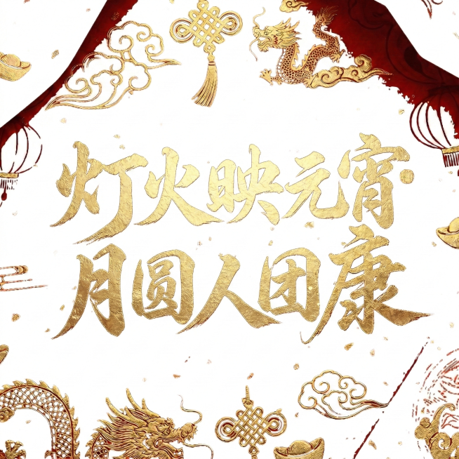 将图中的“福分四季 各护安康”替换成“灯火映元宵 月圆人团圆”，保持金色书法字体风格和画面其他元素不变预览效果