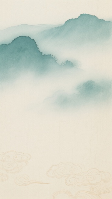 中国传统水墨风格背景，淡雅的渐变色调从上部的青绿色逐渐过渡到下部的米黄色，具有明显的宣纸纹理质感，笔触轻柔朦胧，呈现出远山云雾缭绕的意境，底部有浅色的祥云暗纹图案，整体画面宁静悠远，留白充足，营造出古典雅致的氛围，变换样式体现在色彩层次的微妙调整和云雾形态的自然变化，保持传统水墨的韵味和淡雅的色调统一性。预览效果