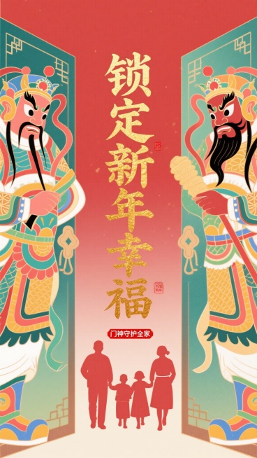 帮我想一个竖版宣传海报，主题是：锁定新年幸福，门神守护全家。预览效果