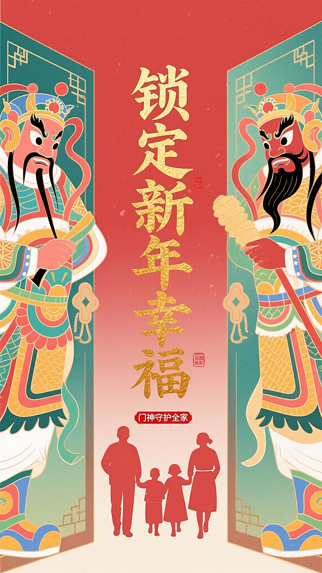 帮我想一个竖版宣传海报，主题是：锁定新年幸福，门神守护全家。