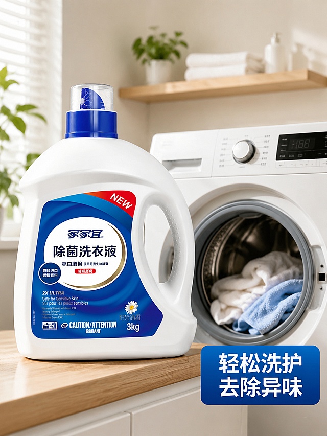 [第4屏] 使用场景演示，家家宜除菌洗衣液日常洗衣机使用场景展示。本屏使用【图1】作为商品主体。
[氛围/风格] 真实居家场景，温馨干净，生活化，自然光影质感。
[元素布局] 产品放在画面左侧洗衣机台面上，占比约50%，保留瓶身所有信息和原图一致；右侧展示滚筒洗衣机内部干净衣物场景，背景为浅色家居卫生间环境，整体空间自然和谐。
[光影质感] 左侧靠窗自然光，整体光线柔和明亮，家居温馨氛围，产品阴影自然。
[配色色系] 全局底色来自家居环境浅米白，主色产品蓝色，辅助浅木色台面，白色墙面。
[视角构图] 左产品右场景构图，阅读动线从左到右，产品→使用场景。
[文字版式] 顶部主标题「机洗手洗 都适用」，黑色粗体左上；右下角信息块标注「轻松洗护 去除异味」，白色字体蓝色块，不遮挡主体，文字清晰适合移动端。
[比例分辨率] 3:4竖版比例，4K分辨率，高清画质。
[负向提示词] 产品变形，文字错乱，场景杂乱，颜色偏差，瓶身信息模糊，水印。