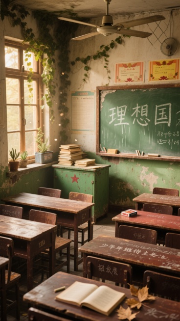 午后侧光，被爬山虎半掩的老旧教学楼三层角落教室，褪色的木质窗框斜斜漏进琥珀色光束，照亮空气中飞舞的微尘。青绿色黑板边缘剥落着起皮的绿漆，用白色粉笔写着"理想国"三个大字，下方是几行被雨水洇湿的数学公式。斑驳的军绿色铁皮讲台堆满泛黄的教案，桌角放着半盒红星牌粉笔。二十张深棕色课桌椅呈扇形排列，每张桌面都刻着不同年代的字迹，前排课桌摊开的《少年维特之烦恼》夹着干枯的银杏叶书签，后排窗台上的铁皮饼干……预览效果