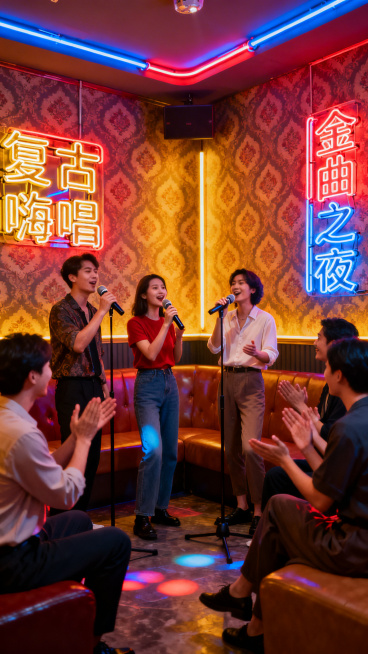 西安KTV复古风格包厢，人们手持麦克风演唱，搭配霓虹装饰，加入“复古嗨唱”“金曲之夜”文字，无公司名称、联系方式、二维码预览效果