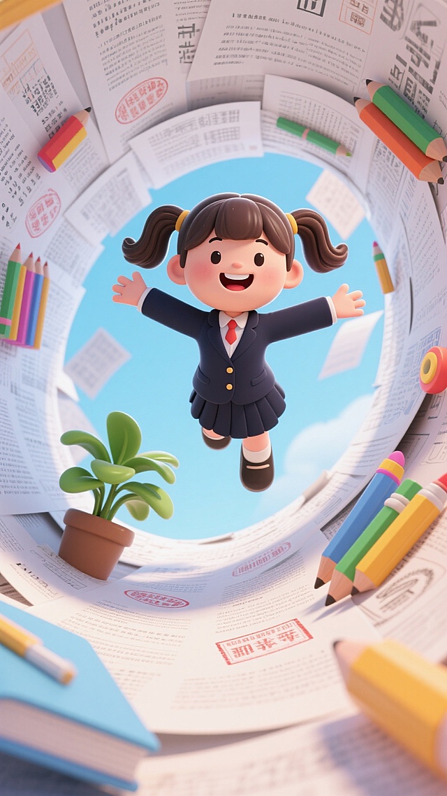 轻微俯视，特写。一个扎着双马尾的深色西装制服笑容灿烂的女孩。双臂伸展，悬浮在由纸张构成的漩涡状通道上方 。纸张上布满打印字和印章。女孩周围是各类色彩鲜艳的学习文具用品和一株绿植。整个场景呈现出动态的漩涡效果。