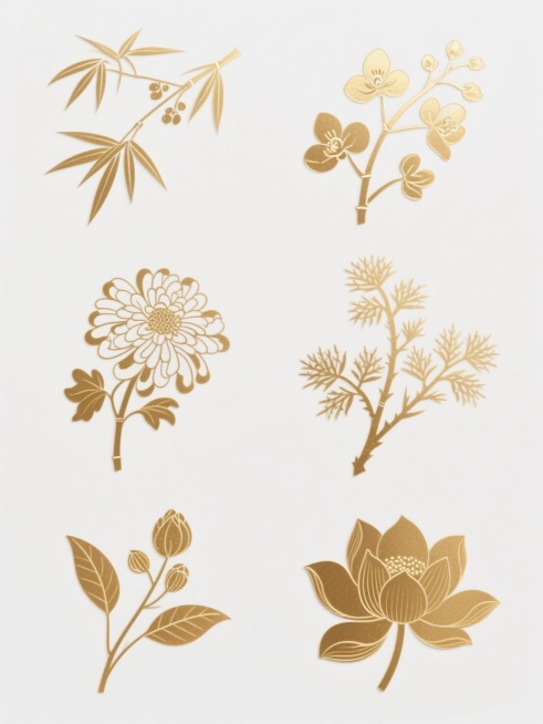 金色箔纸质感的古风元素集合，包含竹叶、梅花、兰花、菊花、松枝、荷花六个完全不同的传统花卉植物图案，每个元素均采用细长线条勾勒轮廓，叶片和花瓣呈现细腻的纹理和轻微的渐变光泽，整体风格统一为简约雅致的中国预览效果