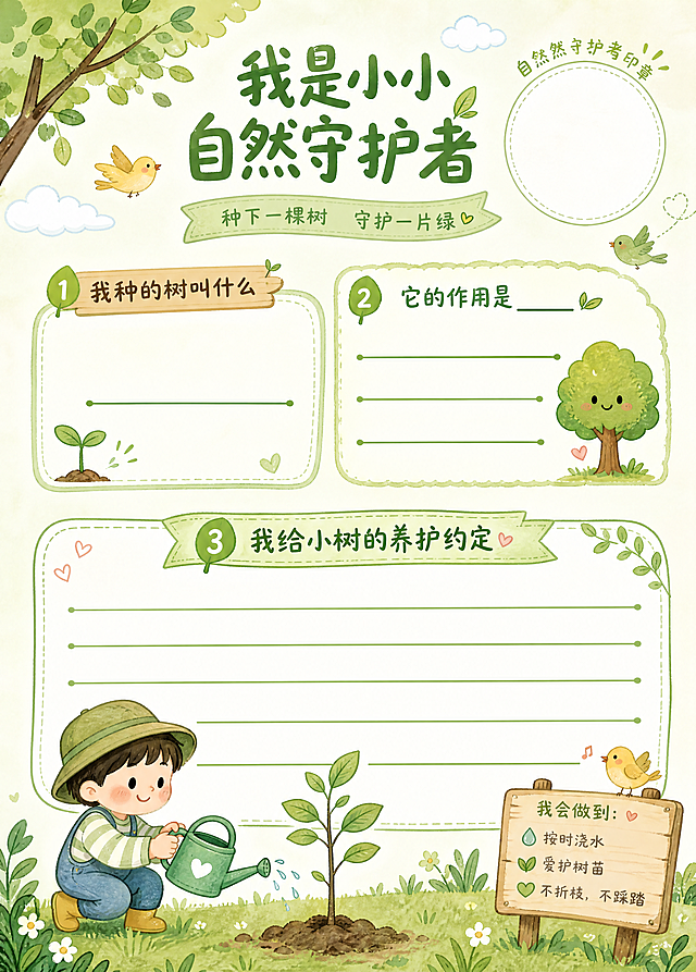 A4童趣手绘研学手册植绿承诺内页，统一治愈童趣手绘风格，右上角预留圆形闯关印章空白位。页面主色调嫩绿色+暖米色，主题为植树护绿、自然守护。整体版式温馨治愈，搭配卡通小树苗、草地、云朵、小鸟简约插画。页面设置三处核心空白填写区域，搭配圆润下划线：第一处空白区域标题"我种的树叫什么"；第二处填空区域标题"它的作用是____"；第三处长文本空白区域标题"我给小树的养护约定"。整体画面绿意清新，元素柔软可爱，排版疏密得当，贴合儿童植树研学场景，文字简洁童趣，无复杂图案，突出承诺记录的温暖氛围。