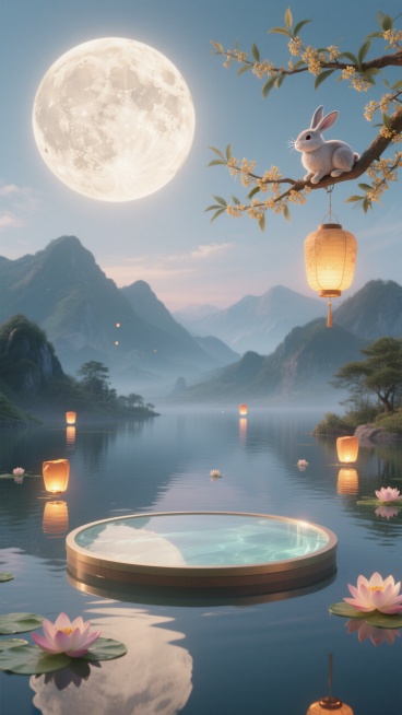 前景漂浮一个圆形展台。清澈透明的湖面，巨型的圆月，连绵的山脉，右上角伸出桂花枝（枝头一只兔子、悬挂灯笼），湖泊上飘着小小的莲花灯，远处几个孔明灯。整体温暖氛围。预览效果