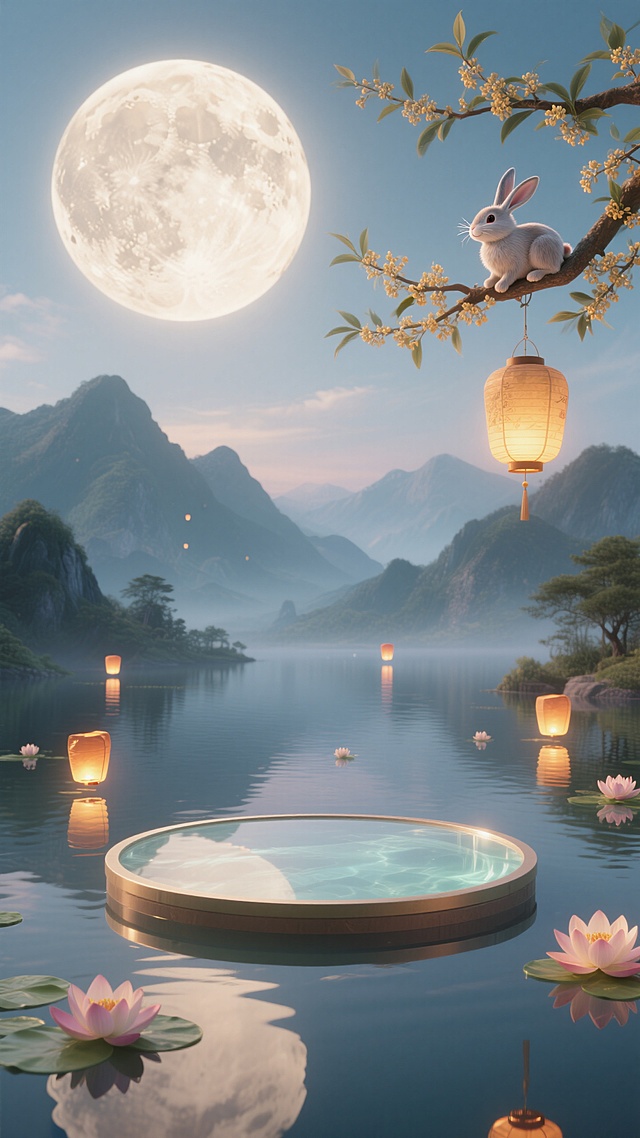 前景漂浮一个圆形展台。清澈透明的湖面，巨型的圆月，连绵的山脉，右上角伸出桂花枝（枝头一只兔子、悬挂灯笼），湖泊上飘着小小的莲花灯，远处几个孔明灯。整体温暖氛围。