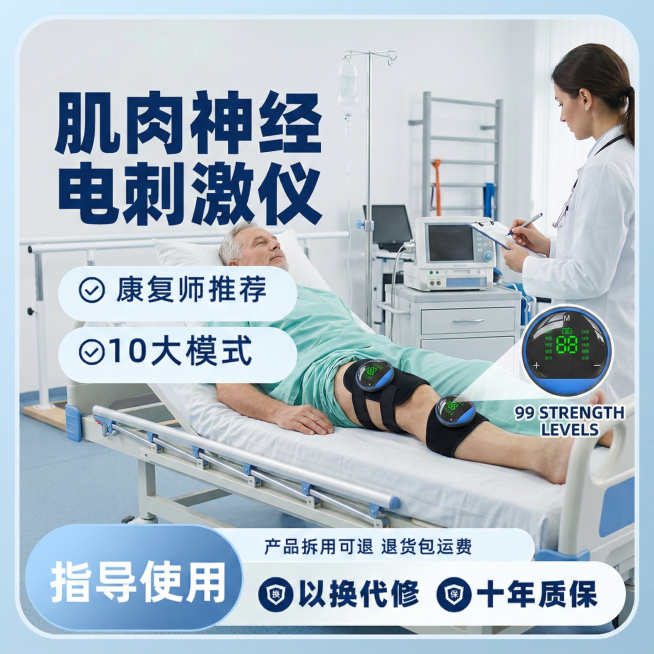 医院康复中心场景，模特躺在病床上，医生在旁记录数据，清晰展示腿部佩戴的肌肉神经电刺激仪，突出“99档强度”核心卖点，画面左侧标注大字号“肌肉神经电刺激仪”，下方标注“康复师推荐、10大模式”，底部保留预览效果