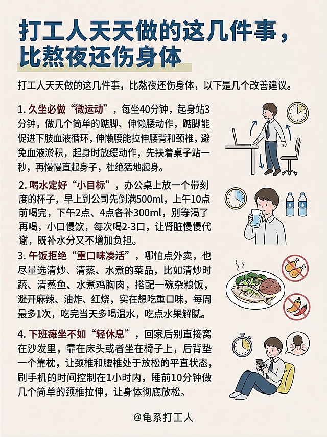 按照参考图的排版风格，生成新的图文海报，文案为：
打工人天天做的这几件事，比熬夜还伤身体

1. 久坐必做“微运动”，每坐40分钟，起身站3分钟，做几个简单的踮脚、伸懒腰动作，踮脚能促进下肢血液循环，伸懒腰能拉伸腰背和颈椎，避免血液淤积，起身时放缓动作，先扶着桌子站一秒，再慢慢直起身子，杜绝猛地起身。
2. 喝水定好“小目标”，办公桌上放一个带刻度的杯子，早上到公司先倒满500ml，上午10点前喝完，下午2点、4点各补300ml，别等渴了再喝，小口慢饮，每次喝2-3口，让肾脏慢慢代谢，既补水分又不增加负担。
3. 午饭拒绝“重口味凑活”，哪怕点外卖，也尽量选清炒、清蒸、水煮的菜品，比如清炒时蔬、清蒸鱼、水煮鸡胸肉，搭配一碗杂粮饭，避开麻辣、油炸、红烧，实在想吃重口味，每周最多1次，吃完当天多喝温水，吃点水果解腻。
4. 下班瘫坐不如“轻休息”，回家后别直接窝在沙发里，靠在床头或者坐在椅子上，后背垫一个靠枕，让颈椎和腰椎处于放松的平直状态，刷手机的时间控制在1小时内，睡前10分钟做几个简单的颈椎拉伸，让身体彻底放松。
保持和参考图一样的风格：顶部深蓝色大标题，米色浅背景，标题下方引言，分点排版文字，加入简单的打工人插画元素，保留底部@龟系打工人，配色和字体风格和原图一致