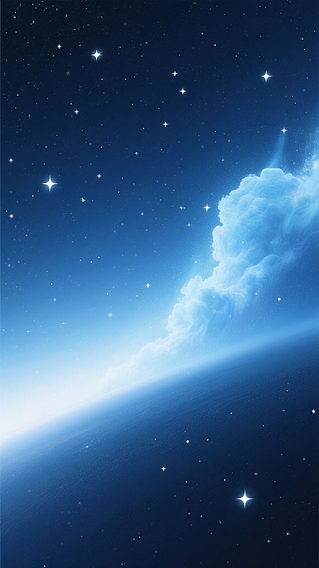 深邃的宇宙星空背景，以深蓝色到浅蓝色再到白色的渐变色调为主，无数闪烁的白色星星分布其中，右下方有一片明亮的浅蓝色星云，整体呈现出宁静、神秘且梦幻的氛围，画面干净简洁，具有数字艺术的平滑质感和细腻的光影过渡效果。
