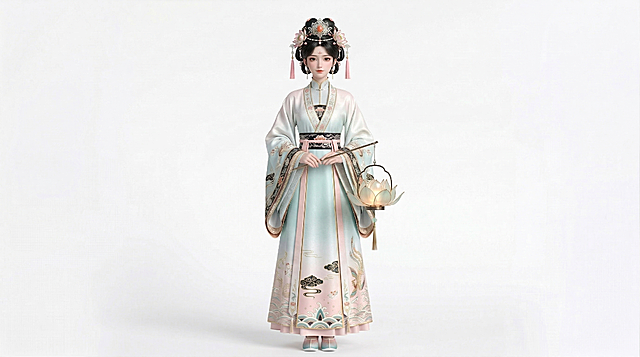 修改这张国风少女IP图，去掉胸前的莲花装饰、扇子、香囊，改成让少女手持清辉莲灯，在衣袂添加流水纹样，保持原设计：国潮风格，楚风直裾，白色淡青色淡粉色渐变配色，佩戴莲花头饰，正面全身，居中对称，纯色白底背景，高清精致，高辨识度