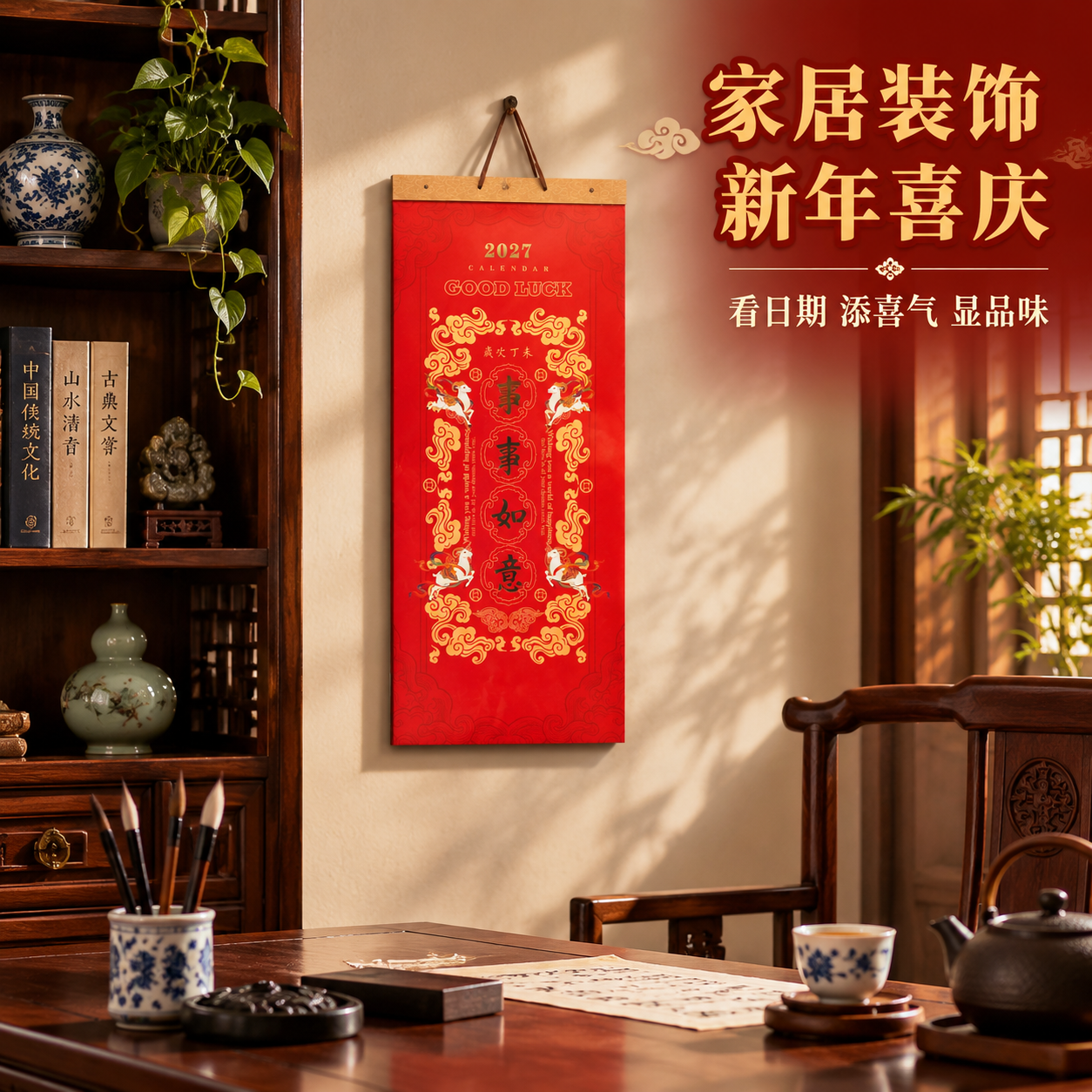 [主图-5] 使用场景展示，挂历悬挂在中式客厅/书房场景中，体… - 图片创意预览