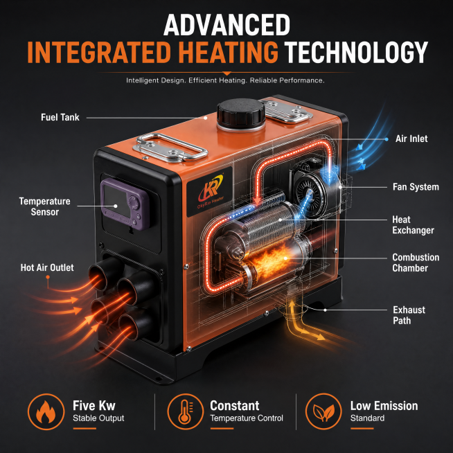 Third screen: core technology principle display for OkyRie 5kw diesel heater. Keep product overall s预览效果