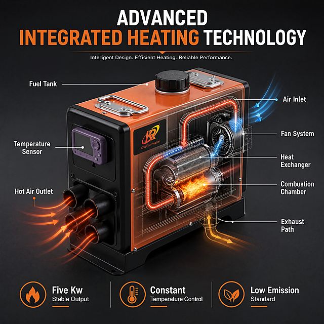 Third screen: core technology principle display for OkyRie 5kw diesel heater. Keep product overall shape same as original. Show internal air duct heating structure diagram around product. Main title "Advanced Integrated Heating Technology", explain benefits: "Five Kw Stable Output, Constant Temperature Control, Low Emission Standard". Simple schematic diagram with clear labels, 1:1 square, 4K, all English, professional industrial style, dark gray background. Negative: deformation, wrong labels, Chinese, text blur