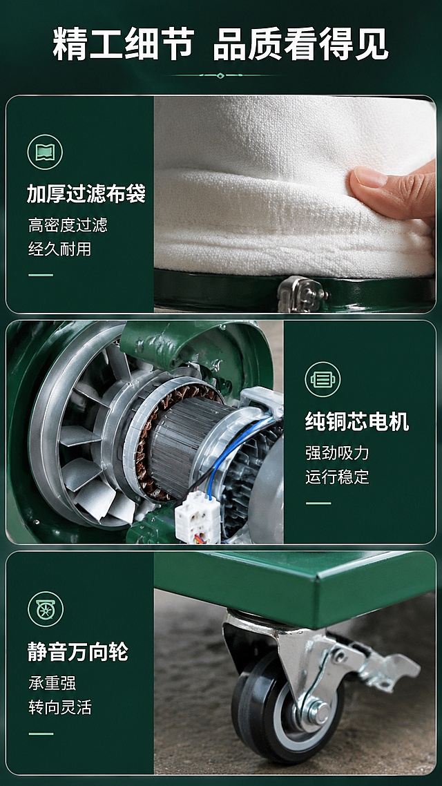 [第7屏] 详情页细节品质-核心部件微距特写。本屏使用【图1】产品局部作为细节参考。
[氛围/风格] 微距细节风，工业质感，突出材质与工艺，商业摄影质感。
[元素布局] 画面采用三宫格竖向排列，展示3个核心细节特写：1.上部：加厚集尘布袋微距，展示布料纹理、缝合工艺，手指轻按布袋体现厚度；2.中部：铜芯电机/风机局部特写，展示金属叶片、精密铸造外壳、接线端口细节；3.下部：万向轮特写，展示轮子材质、轴承结构、刹车装置，轮子压在车间地面上。
[光影质感] 每个特写区域有独立侧光照明，突出材质纹理和立体感；布袋纹理清晰可见，风机金属有强烈高光反射，轮子橡胶质感真实；整体光影细腻，层次丰富。
[配色色系] 全局底色深墨绿#163D32背景板；主色各部件本色（白布袋/金属银/黑橡胶）；辅助色深绿边框、白色分割线；图标用浅绿。
[视角构图] 竖向三宫格等分布局，每格一个细节特写；左侧或右侧配文字说明；阅读动线从上到下依次浏览细节。
[文字版式] 顶部主标题「精工细节 品质看得见」，白色黑体粗字居中，深绿底；每格特写旁有细节标签+说明：「加厚过滤布袋 高密度过滤 经久耐用」「纯铜芯电机 强劲吸力 运行稳定」「静音万向轮 承重强 转向灵活」；每个标签配对应小图标；文字清晰，字号适中。
[比例分辨率] 9:16竖版比例，4K分辨率，文字清晰可辨，高清画质。
[负向提示词] 细节模糊，材质失真，颜色偏差，水印，文字错乱，结构错误，背景杂乱。
