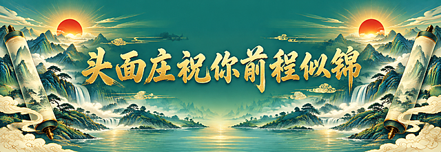 横版手拉旗设计，70x24cm比例，国潮山水风格。画面中央是醒目的金色书法大字"头面庄祝你前程似锦"，文字苍劲有力。左右两侧对称装饰山水卷轴和旭日东升图案，青山绿水，红日初升。背景为青绿色渐变，点缀金色霞光。整体氛围壮阔大气，传统中式山水美学，版式左右对称，文字居中突出。不添加任何其他文字、二维码、logo，只有祝福语和装饰图案。高清精致，2K分辨率。