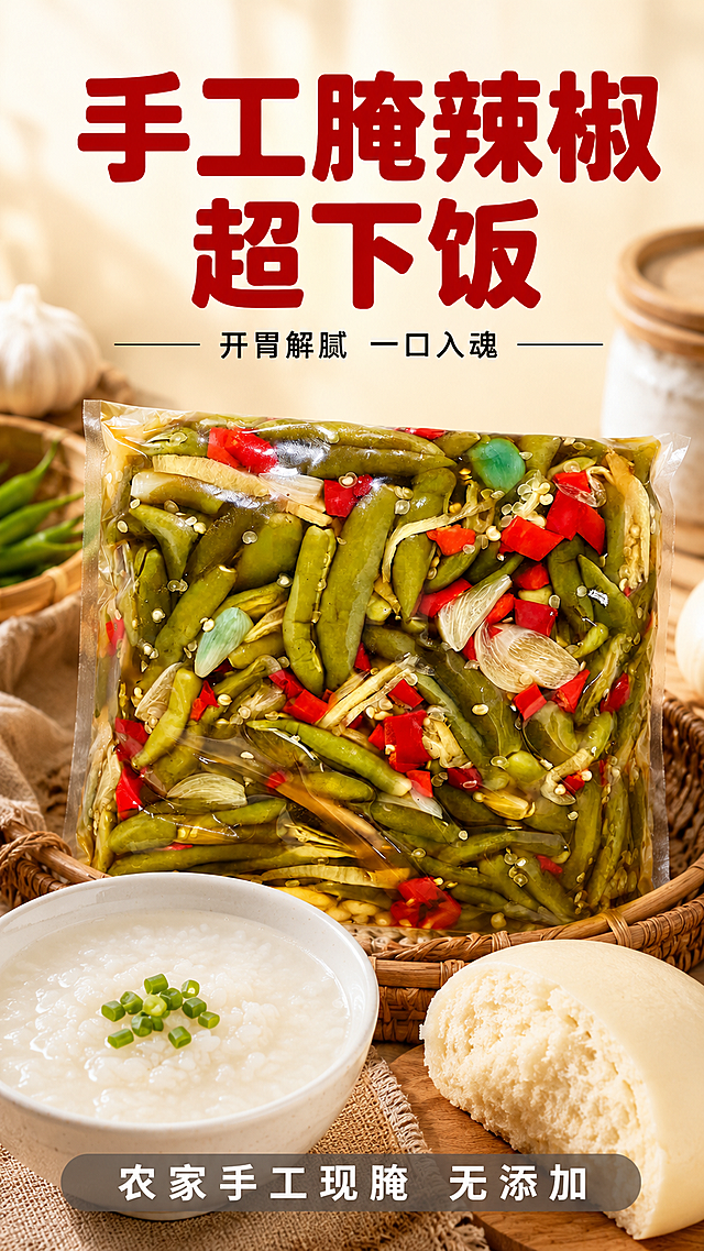 [第1屏] 详情页头图-手工腌辣椒下饭宣传海报。
[氛围/风格] 农家烟火食欲风，暖调浅木色背景，真实食材质感，接地气的美食商业摄影。
[元素布局] 袋装手工腌辣椒放置在画面中下区域，占据画面约70%主体，保持产品颜色、袋装结构和实拍辣椒食材与输入产品图一致。前景放置一碗白粥，旁边放半块馒头，增加下饭场景氛围感，背景做浅木色餐桌纹理虚化，整体无边框满铺。
[光影质感] 上方柔和主光照亮辣椒和包装，产生自然明暗层次，突出辣椒的新鲜翠绿和红亮色泽，产品清晰真实，画面干净诱人。
[配色色系] 全局底色：#F5F0E6（浅米原木色）；主体配色：翠绿辣椒+鲜红辣椒块+浅褐酱汁；辅助色：暖白碗+浅木背景+深红标题字。
[视角构图] 平视45°斜视角，景深适中，主体产品在中下区域，上方预留标题区域，整体构图平衡，突出食欲感。
[文字版式] 上方主标题“手工腌辣椒 超下饭”，深红色加粗圆角黑体，居中排列，字号占画面宽度12%；副标题“开胃解腻 一口入魂”，黑色小字居中，字号为大标题30%；底部灰色信息条添加卖点“农家手工现腌 无添加”，白色文字居中。字形选圆角黑体，字色使用深红和黑色两种，字效采用纯色填充，版式载体为顶部分行标题+底部信息条。
[比例分辨率] 16:9竖版比例，宽度1080像素，高度1920像素，2k分辨率，文字清晰可辨，超高清。
[负向提示词] 变形，水印，文字错乱，产品图模糊，背景杂乱，颜色失真。
