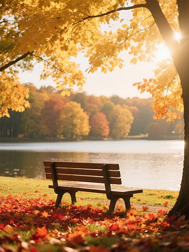 秋日公园场景，阳光透过金黄色的树叶洒下温暖的光斑，木质长椅静置于铺满红色和橙色落叶的草地旁，背景是平静的湖面和远处层林尽染的树木，整体呈现出柔和的暖色调，光影对比适中，营造出宁静而富有诗意的秋日氛围。