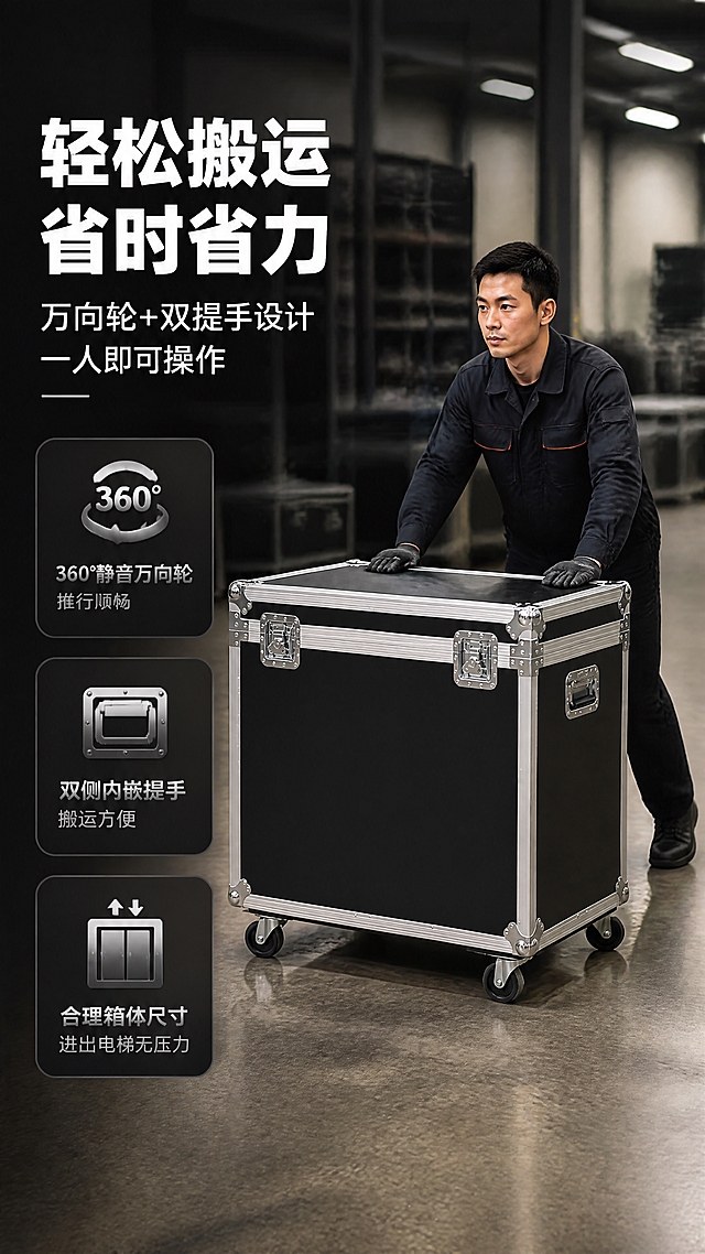 [商品] 使用【图1】黑色铝合金航空箱；保留整体结构、铝合金包边、金属锁扣、万向轮、侧面提手等关键特征；与真人互动展示使用方式。
[画面] 目标：人物使用页，展示航空箱的便携性与实际搬运操作。构图：左文右图，右侧占画面60%，亚洲男性工作人员（穿工装）正在推拉航空箱，展示万向轮的顺畅推行；左侧文案区。景别：中景（人物全身+箱体）。前中后景：仓库/展会后台真实场景，地面水泥地，背景有货架/设备虚化；中景人物+航空箱主体；前景少量地面纹理。阅读动线：从左到右，先看文案再看人物操作。
[视觉] 套系策略：风格=工业风硬朗商业摄影，高级质感；标题字=粗黑体，厚重有力；正文字=简洁无衬线黑体；主色=炭黑+金属银；背景延展=真实工业场景暖灰调，虚化处理突出主体；强调色=亮银色，仅用于小面积图标、引线和高光点缀；标题色=纯白；正文色=浅银灰；组件=圆角深色信息卡、银色图标；光影=自然侧光，人物和箱体受光均匀，金属边缘有高光。
[文字] 左侧顶部主标题「轻松搬运 省时省力」，副标题「万向轮+双提手设计 一人即可操作」，下方3个卖点：① 360°静音万向轮 推行顺畅；② 双侧内嵌提手 搬运方便；③ 合理箱体尺寸 进出电梯无压力。文字全部横排，不遮挡人物和箱体主体。
[规格] 图片比例9:16竖版，4K分辨率，负向提示：避免变形、缺件、颜色偏差、文字模糊、竖排文字、斜排文字、卡通风格、塑料质感、极限词、欧美面孔、人物表情夸张、箱体比例失真。