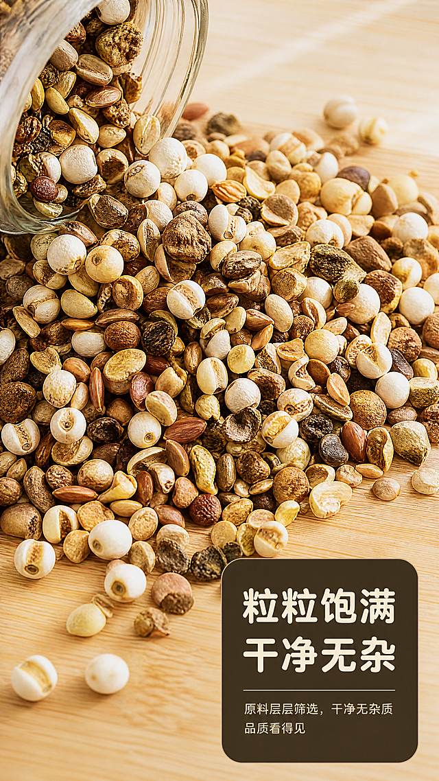 [第3屏] 原料质地特写-祛湿茶颗粒饱满干净展示。
[氛围/风格] 微距特写质感，真实自然，突出颗粒干燥饱满的原生质感。
[元素布局] 画面大部分区域被倒出的混合原料颗粒铺满，从【图1】中截取原料部分，保持原料配比、颜色、颗粒形态和输入图产品一致，颗粒散落铺在浅原木色案板上，左上方露出部分玻璃罐开口，有少量颗粒刚从罐中倒出，形成自然动态感。右下角预留标题和文案区域。
[光影质感] 侧光打在颗粒表面，突出颗粒纹理和干燥质感，形成自然阴影，清晰展示颗粒大小和干净度，整体画面通透。
[配色色系] 全局底色：#F5F0E6（浅原木米）；主体配色：天然棕黄色混合颗粒；辅助色：#8B6E4D（案板棕）+#2C2C2C（文字深棕）。沿用首屏全局底色、字色和字体设定。
[视角构图] 侧视微距特写，颗粒占据画面70%-80%，近景拍摄，景深较浅，突出颗粒质感。
[文字版式] 右下角深色块浅字主标题「粒粒饱满 干净无杂」，温润圆角黑体，文字清晰可读，不遮挡核心颗粒特写区域。保留首屏字体、字色、字效设定。
[比例分辨率] 9:16竖版比例，4K分辨率，文字清晰可辨，超高清。
[负向提示词] 颗粒发霉变色，杂质过多，形态扭曲，颜色夸张，文字遮挡主体，背景杂乱。