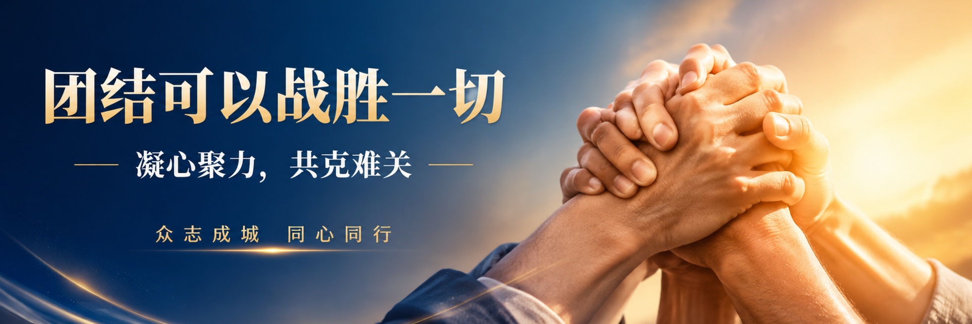 品牌主视觉海报，写实商业摄影风格，画面核心是多只紧握在一起的手，象征团结，背景是简约大气的蓝金色渐变，带有光影氛围感。主标题文字是"团结可以战胜一切"，副标题文字是"凝心聚力，共克难关"，装饰短句是"预览效果