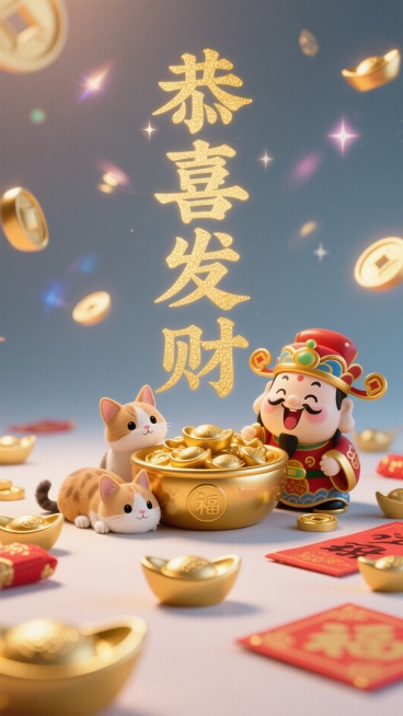 竖着居中写着“恭喜发财"，四只小动物趴在旁边，要求金色勾边，聚宝盆金色勾边，还有一个财神搞怪的表情，要求具有时代感，画面背景，少女时代的魔法效果，元宝喜庆色调，简单背景预览效果