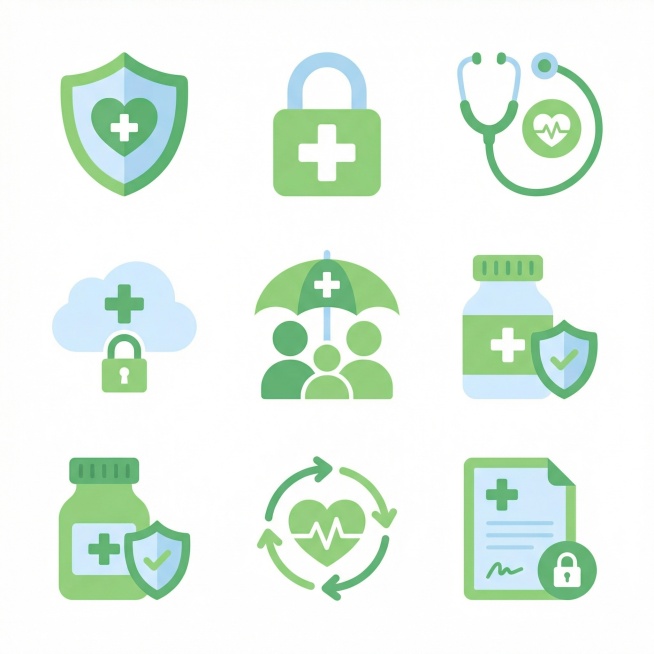 生成安全/医疗保障主题图标，风格涵盖扁平化，以绿、浅蓝为主色调，视觉清新柔和；背景为纯白或多层渐变光环，突出主体图标，整体风格简洁、有安全感，适合保险、医疗、安全类APP/宣传场景，背景纯白，预览效果