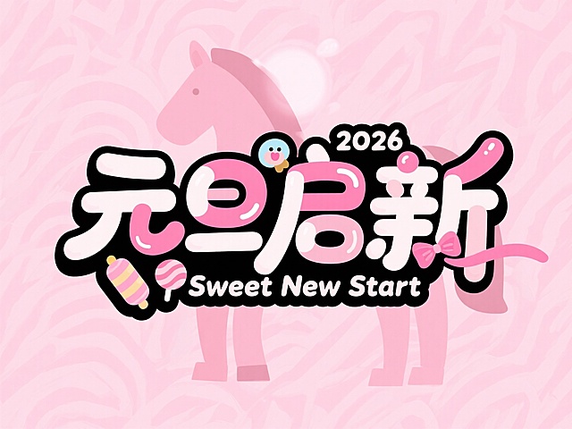 粉色系扁平风设计，融合卡通糖果元素与描边大字，搭配emoji风格点缀，营造甜美可爱氛围，呼应2026元旦启新主题。