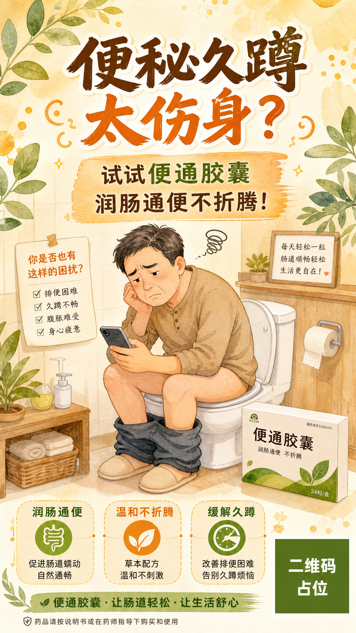 手绘插画风格的药品宣传朋友圈打卡海报，竖版9:16比例。画面中… - 图片创意预览