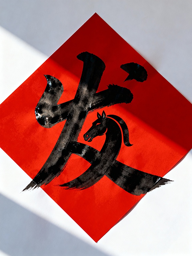 主体是黑色书法 “发” 字，抽象的马首的形象和发的一个笔画衔接，嵌于正红色菱形背景内。白色背景。完整的菱形红纸，，主体周围有留白