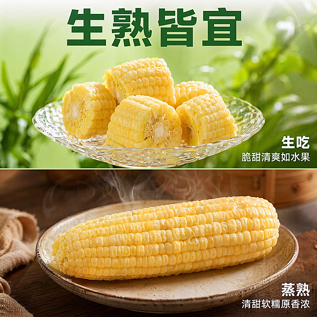 「图片1」，生成一套主图（5张），商品名称是玉谷飘香・疆小棒 新疆水果玉米，卖点是产自新疆伊犁黄金玉米种植带，全年享受3000 小时充足日照，昼夜温差高达 20℃，采用天山冰川融水灌溉，碱性沙土地种植。一年仅一熟，生长周期长达 200 天，远长于东北玉米的 120 天，能够充分积累糖分和营养物质。
果皮薄如蝉翼，一咬就破，籽粒饱满多汁，甜度高达 18-22 度，生熟皆宜。生吃口感脆甜清爽，如同咬下一颗多汁的水果；蒸熟后清甜软糯，保留浓郁的玉米原香，适配拼多多平台，主图比例为1:1