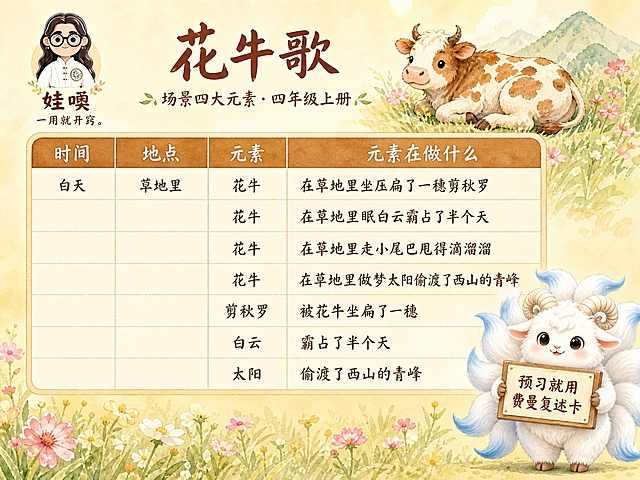 A4横版费曼复述卡成品，米黄色暖色调手绘水彩风格，温馨田园童趣意境。左上角卡通女孩logo，下方写"娃噢"和"一用就开窍。"。顶部大标题"花牛歌"，副标题"场景四大元素·四年级上册"。画面主体是四列表格，四列分别为"时间"、"地点"、"元素"、"元素在做什么"，共7行完整内容：1.白天-草地里-花牛-在草地里坐压扁了一穗剪秋罗；2.（空）-（空）-花牛-在草地里眠白云霸占了半个天；3.（空）-（空）-花牛-在草地里走小尾巴甩得滴溜溜；4.（空）-（空）-花牛-在草地里做梦太阳偷渡了西山的青峰；5.（空）-（空）-剪秋罗-被花牛坐扁了一穗；6.（空）-（空）-白云-霸占了半个天；7.（空）-（空）-太阳-偷渡了西山的青峰。右下角白色九尾小羊神兽举牌写"预习就用费曼复述卡"。背景米黄色渐变，点缀草地花朵花牛的水彩装饰。版式精美，文字清晰，童趣可爱。