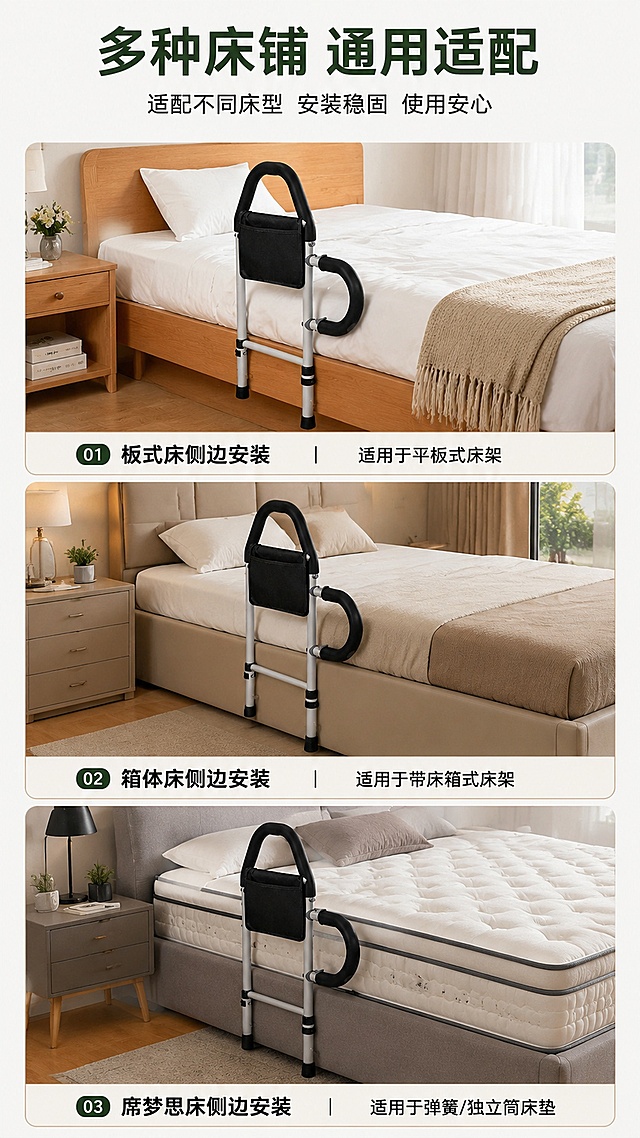 [第6屏] 多场景适配展示 - 起床辅助器适配不同床铺场景。本屏使用【图1】作为产品参考。
[氛围/风格] 清晰展示多场景适配，直观可信，布局舒朗。
[元素布局] 三格拼图纵向排列，分别展示：1. 板式床侧边安装；2. 箱体床侧边安装；3. 席梦思床侧边安装；产品外观结构在每个场景中保持与输入图一致，每个场景占比均匀，背景对应不同卧室环境。
[光影质感] 每个场景光影自然统一，整体明亮干净，不同场景光影风格一致。
[配色色系] 全局底色 #F8F8F8；主色深绿标题+黑色说明文字；辅助色浅棕色分隔线。
[视角构图] 三格竖式分屏构图，从上到下依次阅读，每个场景居中展示。
[文字版式] 顶部主标题「多种床铺 通用适配」，每个场景下方标注对应床铺类型，文字清晰不遮挡产品主体。
[比例分辨率] 9:16 竖版比例，4K分辨率，文字清晰可辨，高清画质，宽度1080高度1920。
[负向提示词] 产品结构不一致，场景混乱，文字错乱，文字过小，水印
