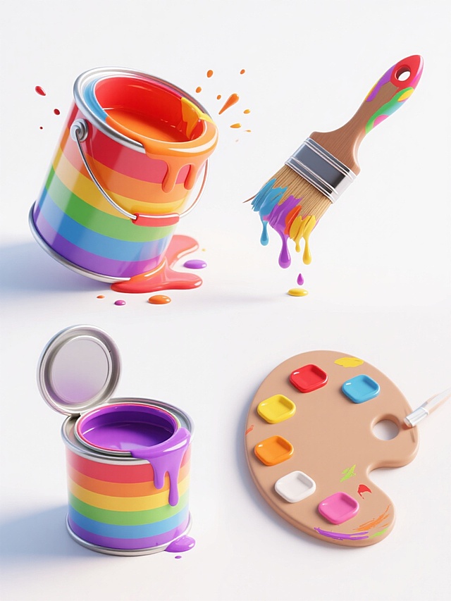 4个不同油漆元素的系列素材集合，规整排布在纯白色背景上，每个元素都采用高细节3D渲染，具有鲜艳的彩虹渐变色（红、橙、黄、绿、蓝、紫），光滑的油漆质感，明亮的高光和深色阴影，以及飞溅的油漆滴效果：左上角是一个倾斜的油漆桶，桶口有油漆溢出并溅出几滴；右上角是一把宽头油漆刷，刷毛上沾满油漆，有几滴正从刷毛尖端滴落；左下角是一个圆形油漆罐，罐盖打开，罐口边缘有油漆流淌的痕迹；右下角是一个调色板，上面有几个颜料格，每个格子里装着不同颜色的油漆，调色板边缘有一抹油漆刷过的痕迹。整体设计具有强烈的视觉冲击力和艺术美感，色彩鲜艳明快，充满活力与创意。