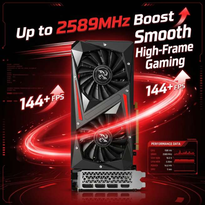 RX 6600 XT graphics card, black and red color scheme, centered front view, black and red gradient e-预览效果