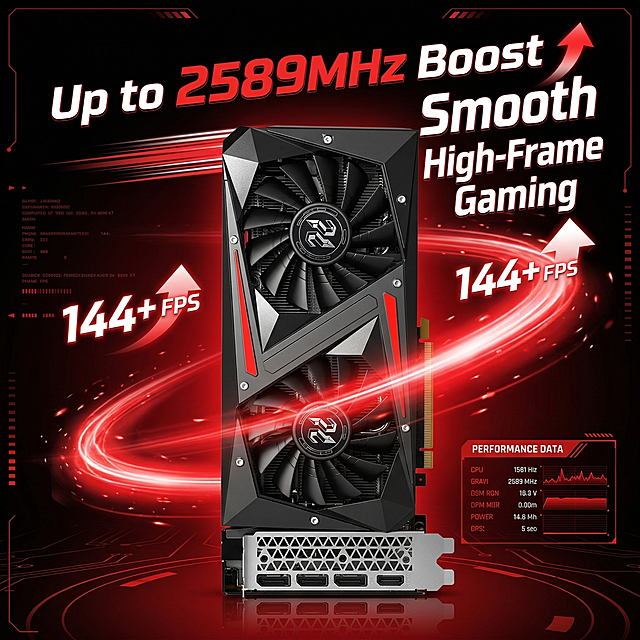 RX 6600 XT graphics card, black and red color scheme, centered front view, black and red gradient e-sports background simulating game loading interface, red dynamic light effect sweeping across the product, black, red, white color scheme, selling point text: 'Up to 2589MHz Boost | Smooth High-Frame Gaming', speed lines, frame rate rising arrows (such as 144+ FPS), dynamic light flow, game performance selling point image, strong visual impact, no any logo, use the provided product appearance