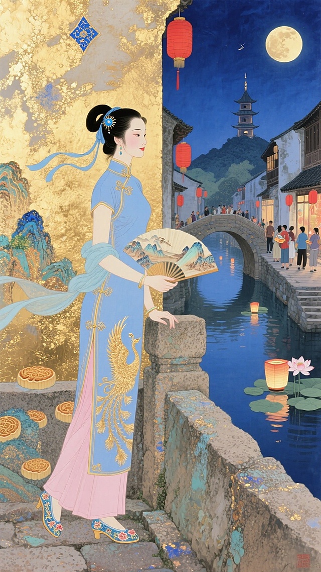 工笔与鎏金交织的古典插画，女子身着青蓝旗袍立于水乡桥畔，月华映照，灯火摇曳，中秋静谧浪漫尽显。